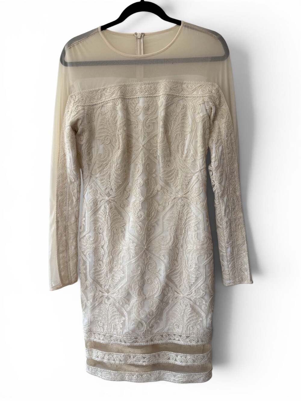 Tadashi Shoji Ivory Corded Lace Sheath Dress Size 12 Long Sleeve Illusion Mesh C - Picture 2 of 10